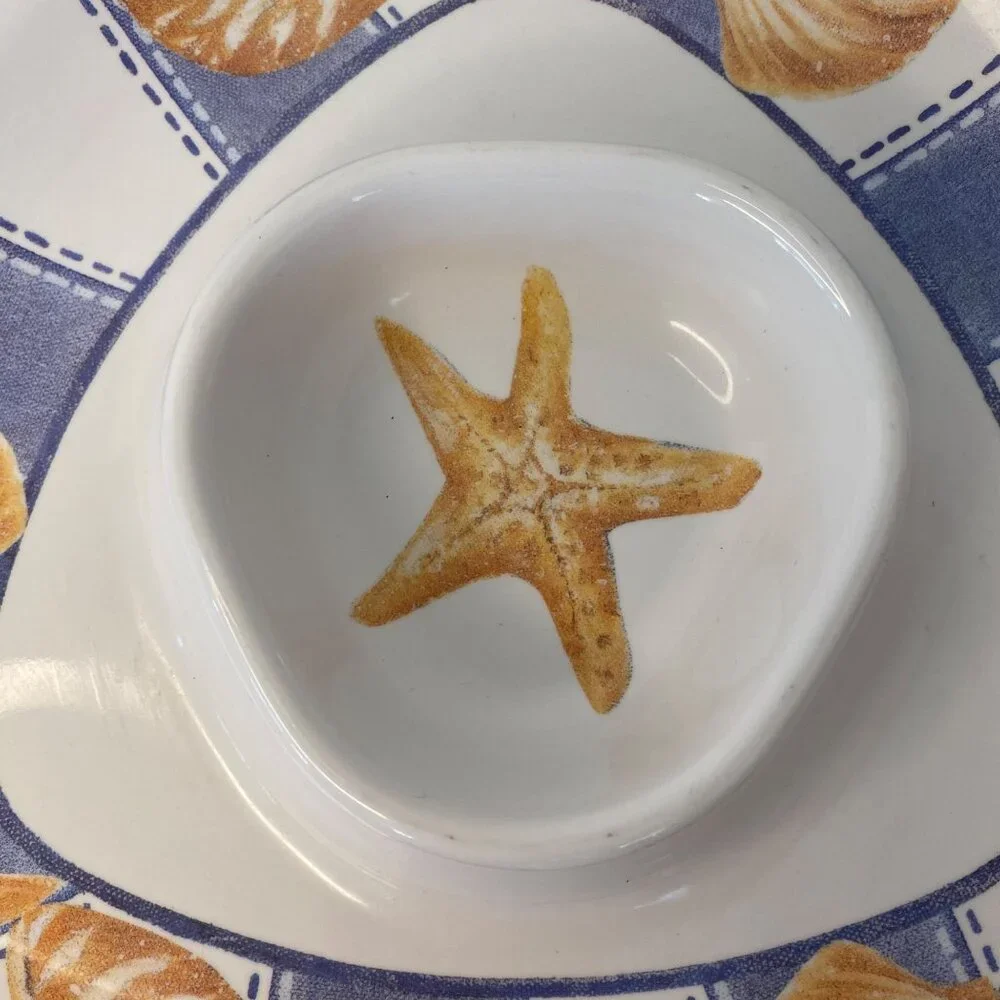 Starfish Seashell Melanine Triangle Chip & Dip Serving Plate Nautical Beach Hous